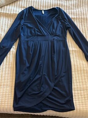 Navy Blue Wrap-Style Long Sleeve Dress